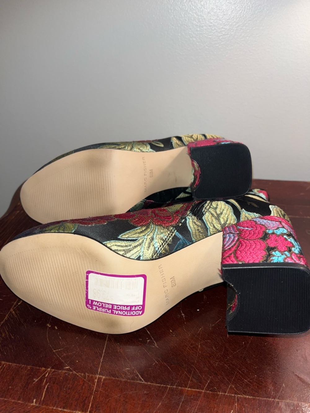 Marc Fisher Black Ankle Boots with Red Floral Embroidery - Picture 6 of 10